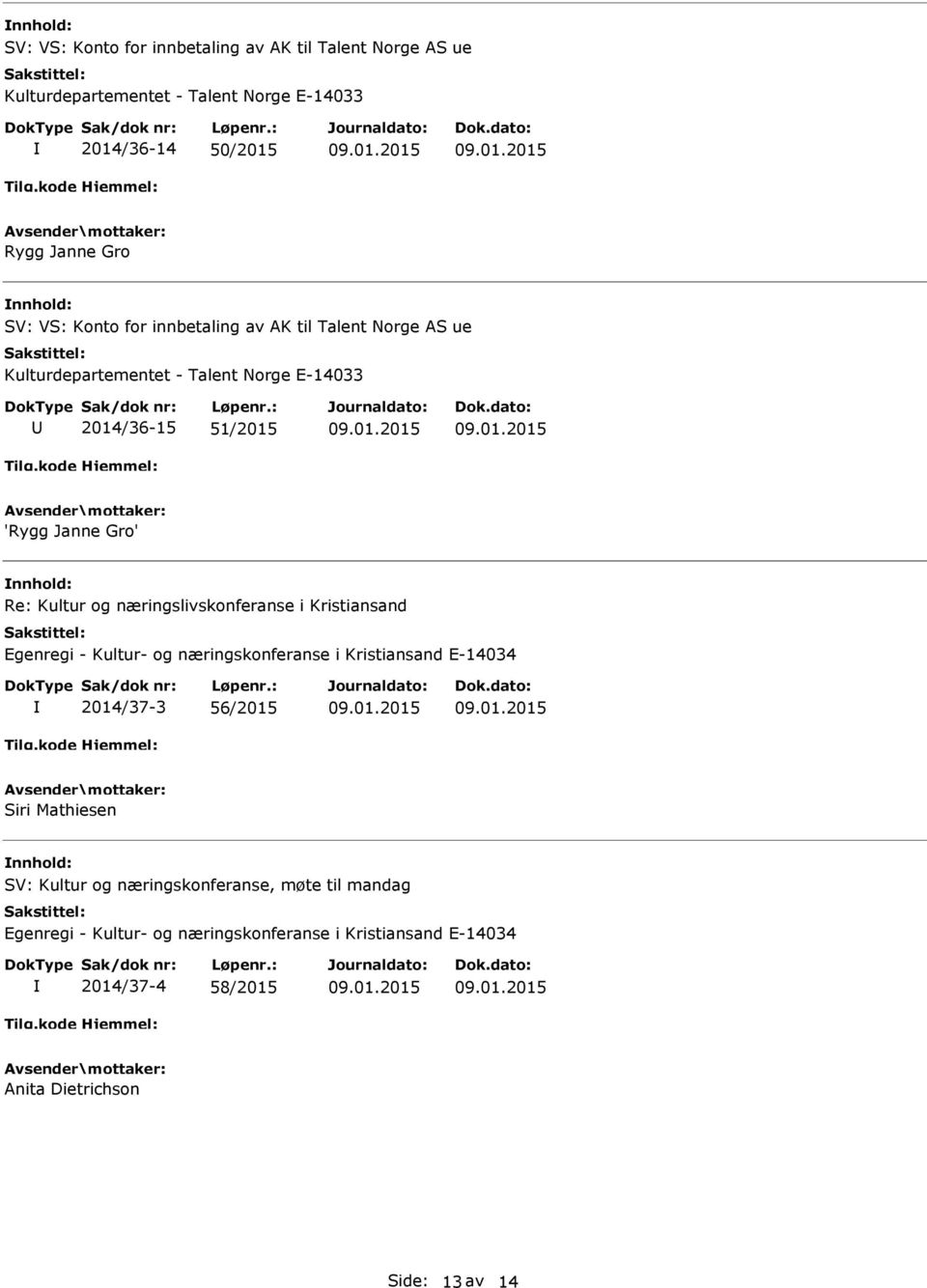 næringslivskonferanse i Kristiansand Egenregi - Kultur- og næringskonferanse i Kristiansand E-14034 2014/37-3 56/2015 Siri Mathiesen SV: Kultur