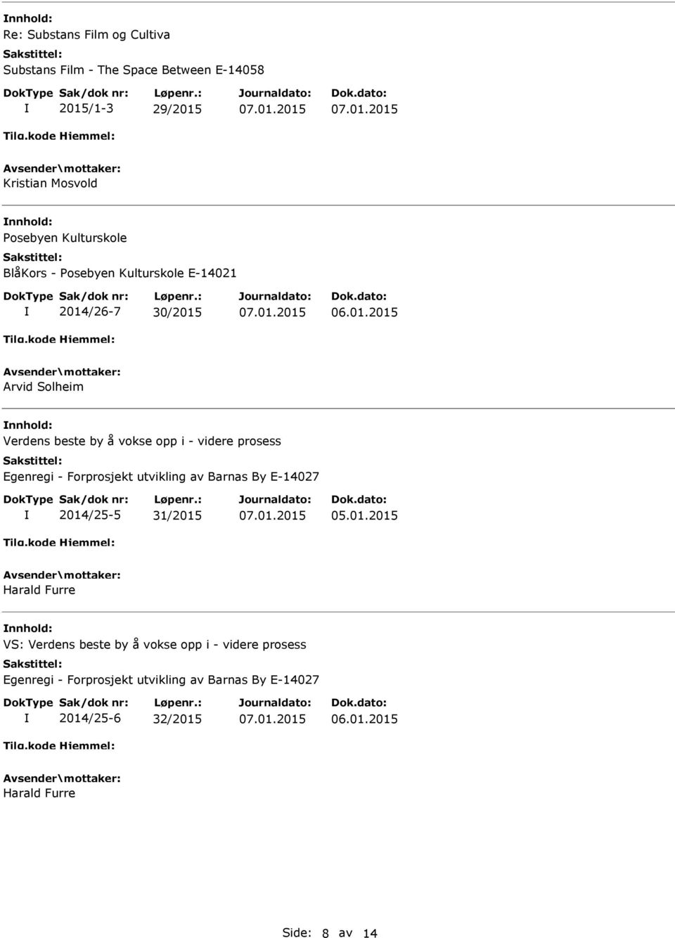 videre prosess Egenregi - Forprosjekt utvikling av Barnas By E-14027 2014/25-5 31/2015 Harald Furre VS: Verdens beste