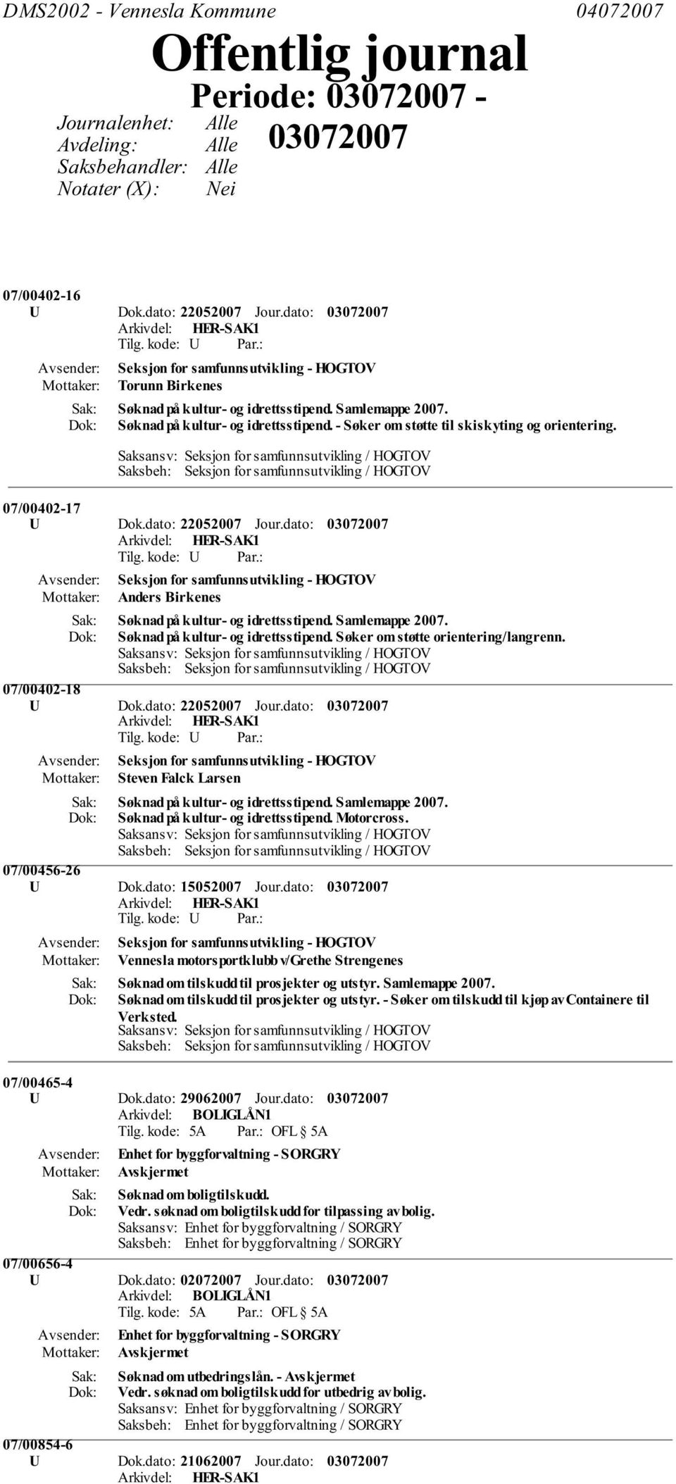 07/00402-17 U Dok.dato: 22052007 Jour.dato: Seksjon for samfunnsutvikling - HOGTOV Anders Birkenes Søknad på kultur- og idrettsstipend. Samlemappe 2007. Søknad på kultur- og idrettsstipend. Søker om støtte orientering/langrenn.