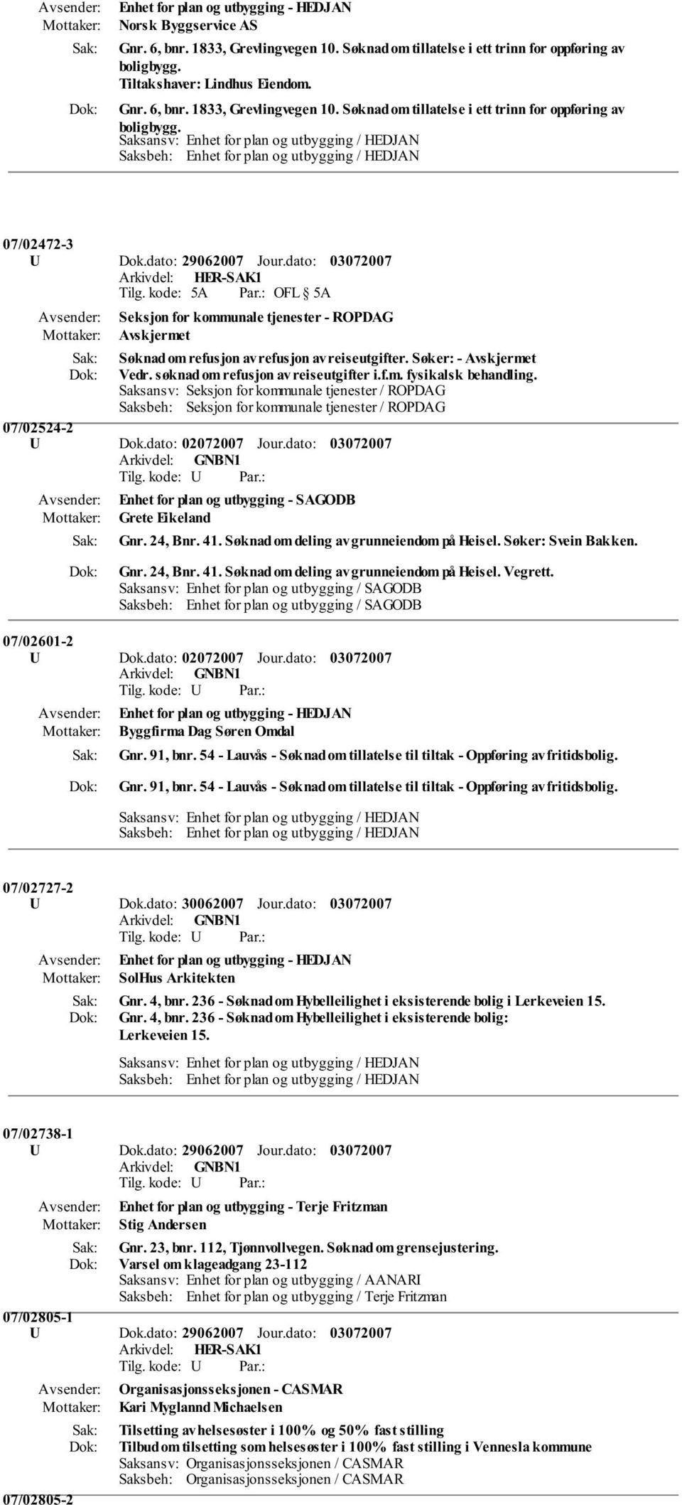 Saksansv: Seksjon for kommunale tjenester / ROPDAG Saksbeh: Seksjon for kommunale tjenester / ROPDAG 07/02524-2 Enhet for plan og utbygging - SAGODB Grete Eikeland Gnr. 24, Bnr. 41.