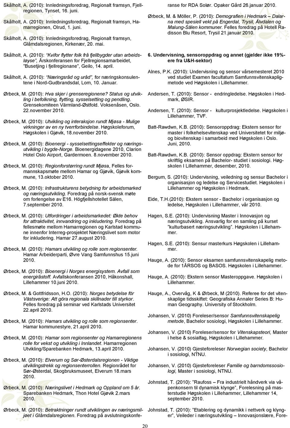 (2010): Innledningsforedrag, Regionalt framsyn, Hamarregionen, Olrud, 1. juni. Skålholt, A. (2010): Innledningsforedrag, Regionalt framsyn, Glåmdalsregionen, Kirkenær, 20. mai. 6.