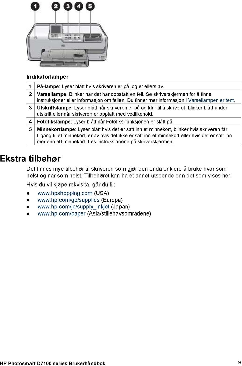 3 Utskriftslampe: Lyser blått når skriveren er på og klar til å skrive ut, blinker blått under utskrift eller når skriveren er opptatt med vedlikehold.