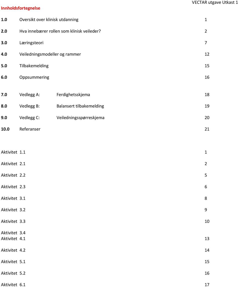 0 Vedlegg B: Balansert tilbakemelding 19 9.0 Vedlegg C: Veiledningsspørreskjema 20 10.0 Referanser 21 Aktivitet 1.1 1 Aktivitet 2.