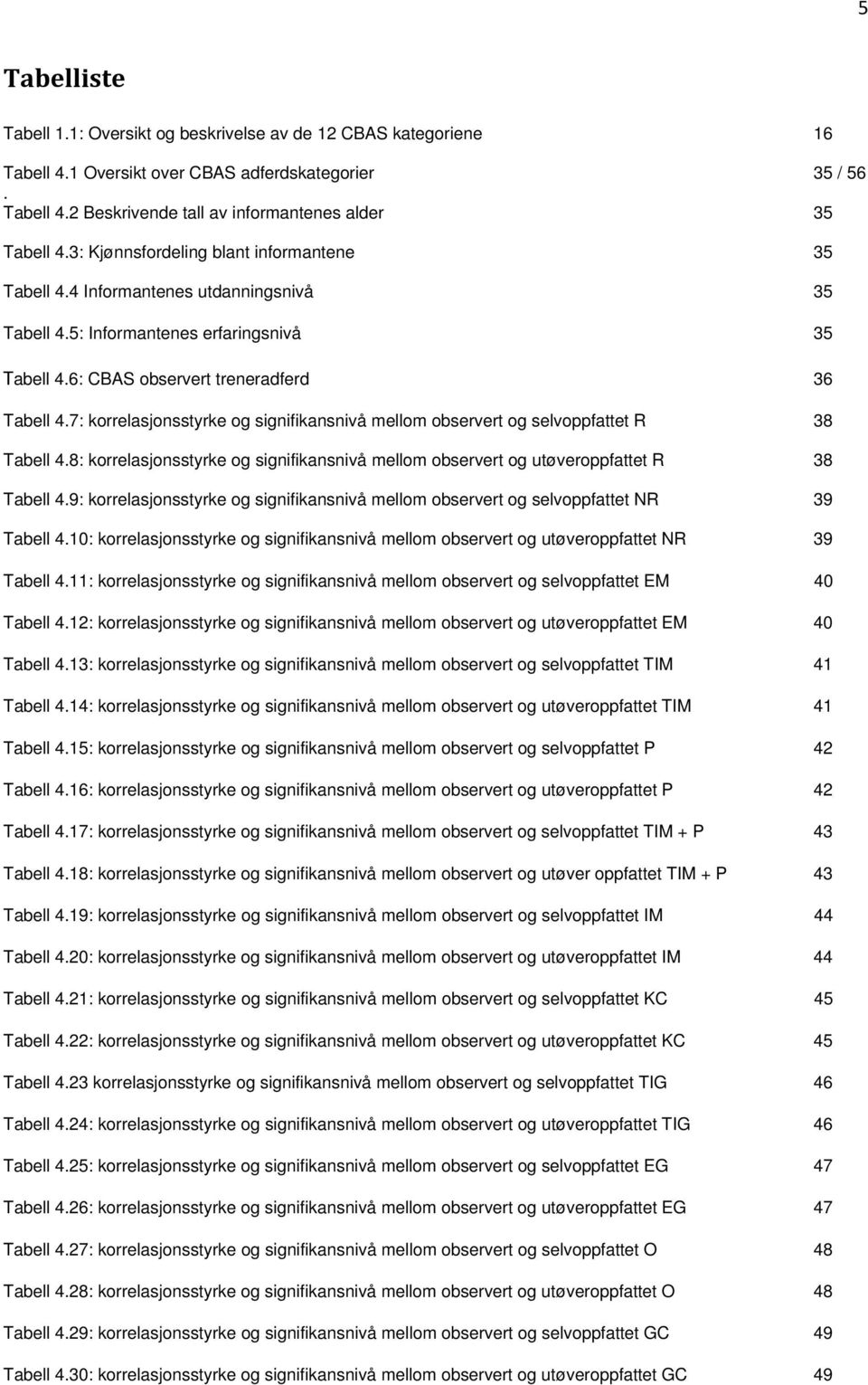 7: korrelasjonsstyrke og signifikansnivå mellom observert og selvoppfattet R 38 Tabell 4.8: korrelasjonsstyrke og signifikansnivå mellom observert og utøveroppfattet R 38 Tabell 4.