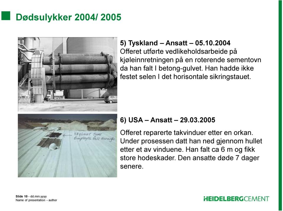 betong-gulvet. Han hadde ikke festet selen I det horisontale sikringstauet. 6) USA Ansatt 29.03.