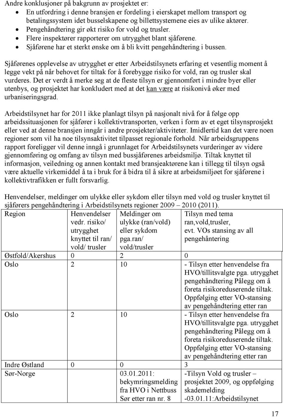 Sjåførenes opplevelse av utrygghet er etter Arbeidstilsynets erfaring et vesentlig moment å legge vekt på når behovet for tiltak for å forebygge risiko for vold, ran og trusler skal vurderes.