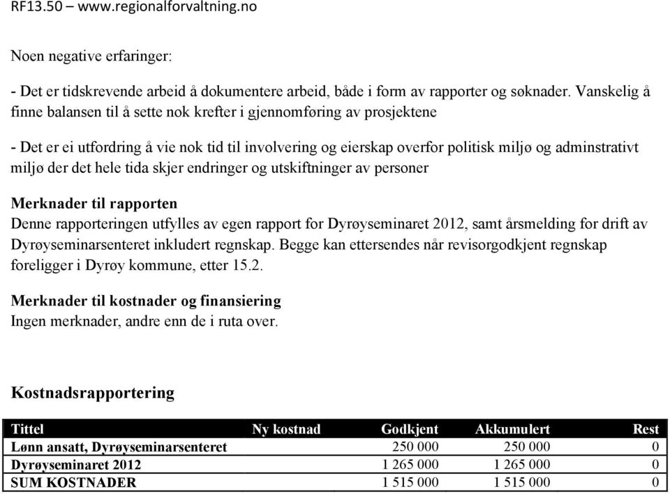 det hele tida skjer endringer og utskiftninger av personer Merknader til rapporten Denne rapporteringen utfylles av egen rapport for Dyrøyseminaret 2012, samt årsmelding for drift av