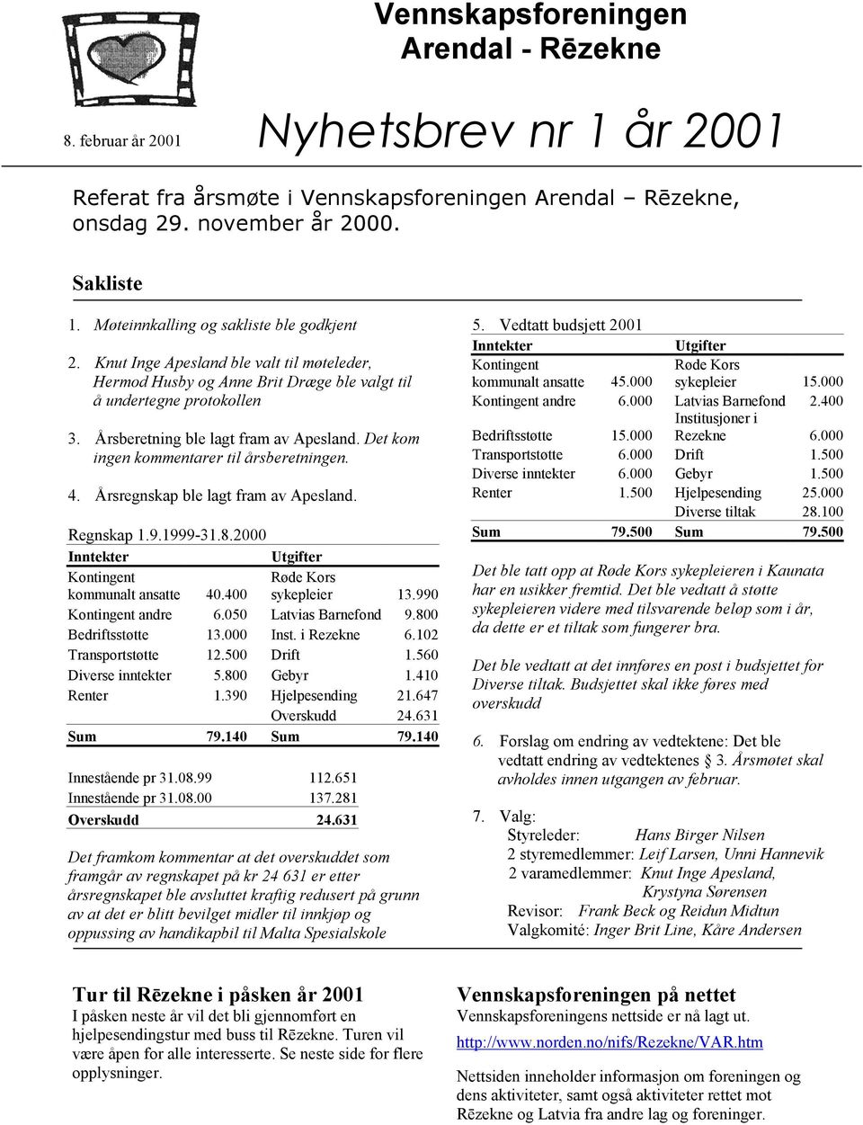 Det kom ingen kommentarer til årsberetningen. 4. Årsregnskap ble lagt fram av Apesland. Regnskap 1.9.1999-31.8.2000 Inntekter Utgifter Kontingent kommunalt ansatte 40.400 Røde Kors sykepleier 13.