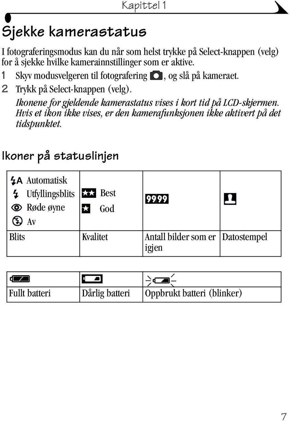 Ikonene for gjeldende kamerastatus vises i kort tid på LCD-skjermen.