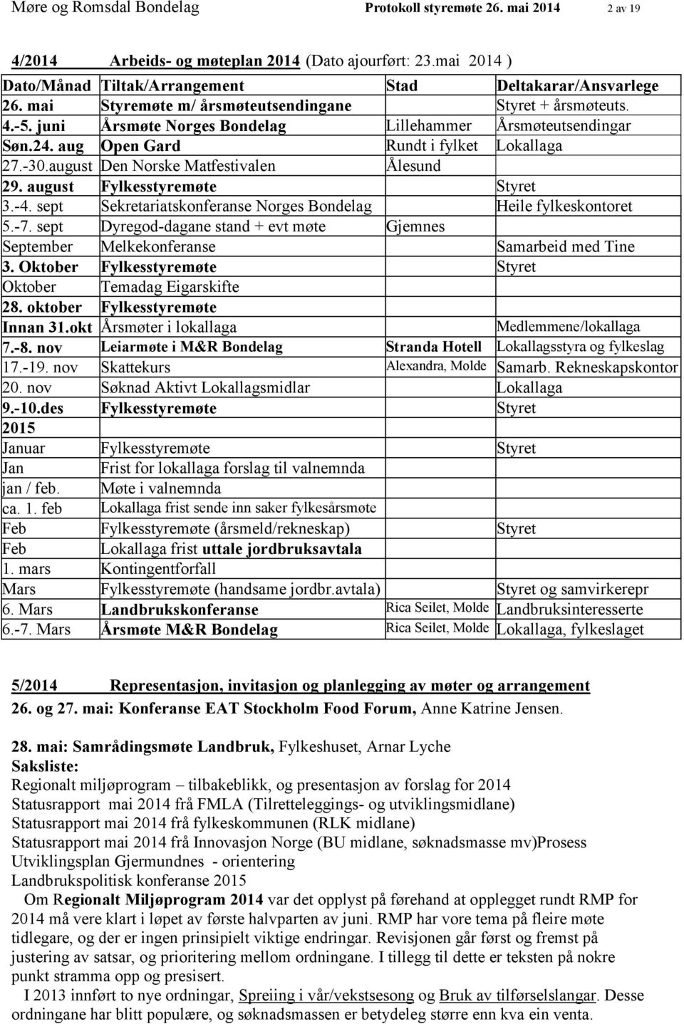 august Den Norske Matfestivalen Ålesund 29. august Fylkesstyremøte Styret 3.-4. sept Sekretariatskonferanse Norges Bondelag Heile fylkeskontoret 5.-7.