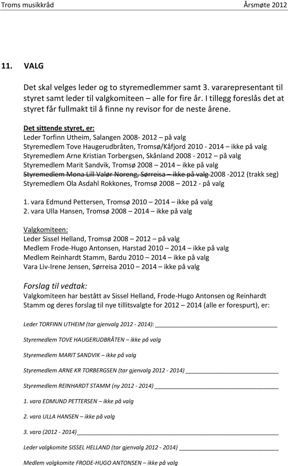 Det sittende styret, er: Leder Torfinn Utheim, Salangen 2008-2012 på valg Styremedlem Tove Haugerudbråten, Tromsø/Kåfjord 2010-2014 ikke på valg Styremedlem Arne Kristian Torbergsen, Skånland