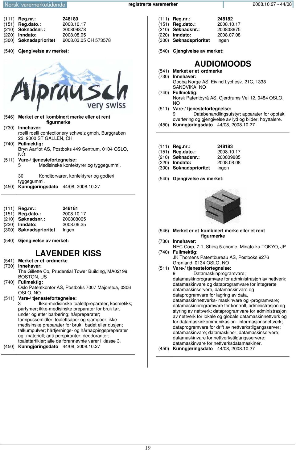 NO 5 Medisinske konfektyrer og tyggegummi. 30 Konditorvarer, konfektyrer og godteri, tyggegummi. (111) Reg.nr.: 248182 (151) Reg.dato.: 2008.10.17 (210) Søknadsnr.: 200808675 (220) Inndato: 2008.07.