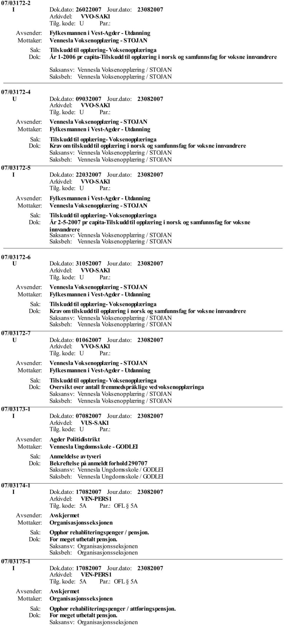 dato: 09032007 Jour.dato: Vennesla Voksenopplæring - STOJAN Fylkesmannen i Vest-Agder - Utdanning Krav om tilskudd til opplæring i norsk og samfunnsfag for voksne innvandrere 07/03172-5 I Dok.