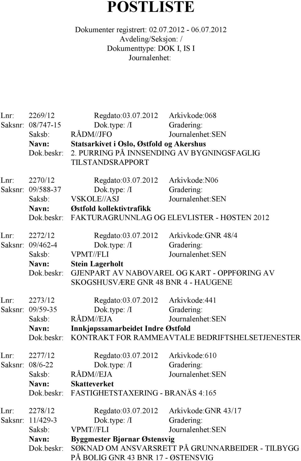 type: /I Gradering: Saksb: VSKOLE//ASJ SEN Østfold kollektivtrafikk FAKTURAGRUNNLAG OG ELEVLISTER - HØSTEN 2012 Lnr: 2272/12 Regdato:03.07.2012 Arkivkode:GNR 48/4 Saksnr: 09/462-4 Dok.