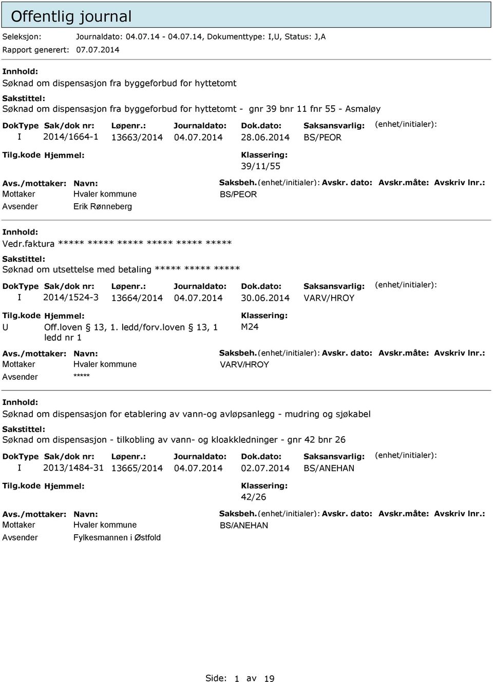 06.2014 39/11/55 Avs./mottaker: Navn: Saksbeh. Avskr. dato: Avskr.måte: Avskriv lnr.: Avsender Erik Rønneberg nnhold: Vedr.