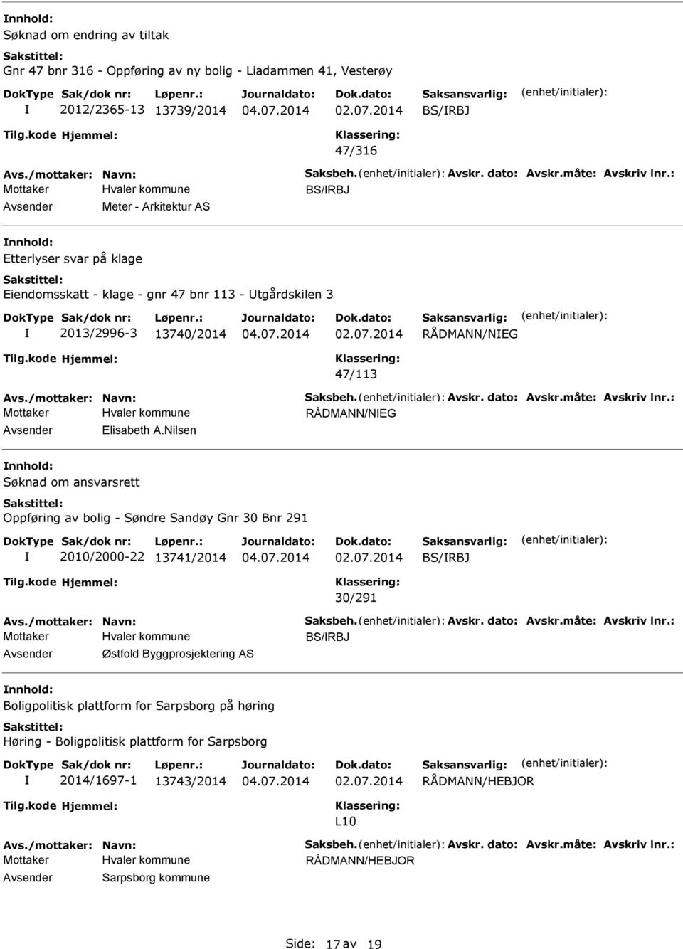 /mottaker: Navn: Saksbeh. Avskr. dato: Avskr.måte: Avskriv lnr.: RÅDMANN/NEG Avsender Elisabeth A.