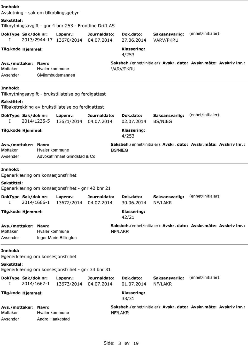 : VARV/PKRU Avsender Sivilombudsmannen nnhold: Tilknytningsavgift - brukstillatelse og ferdigattest Tilbaketrekking av brukstillatelse og ferdigattest 2014/1235-5 13671/2014 BS/NEG 4/253 Avs.