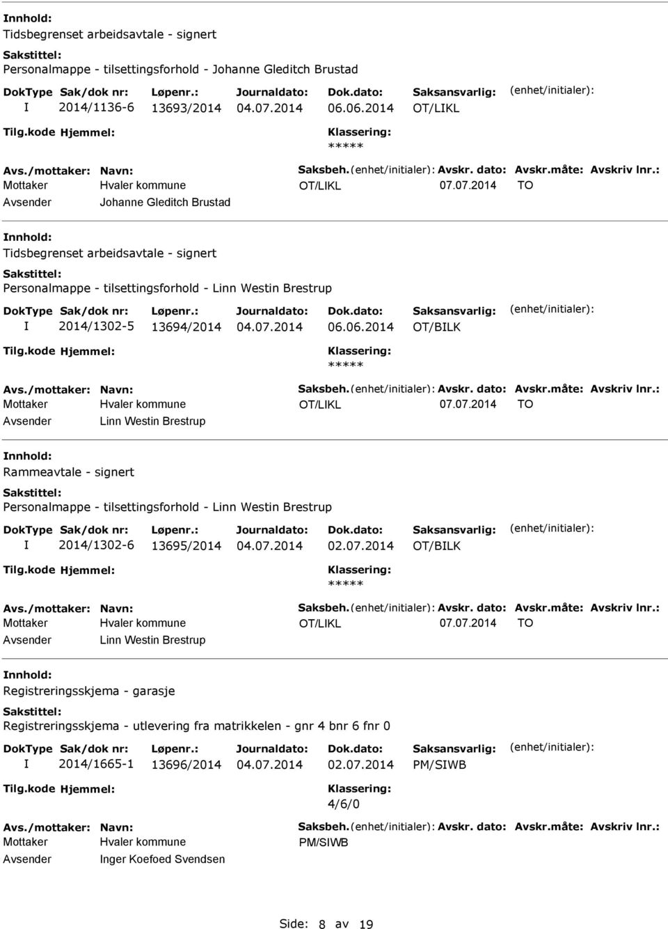 07.2014 TO Avsender Johanne Gleditch Brustad nnhold: Tidsbegrenset arbeidsavtale - signert Personalmappe - tilsettingsforhold - Linn Westin Brestrup 2014/1302-5 13694/2014 06.06.2014 OT/BLK Avs.