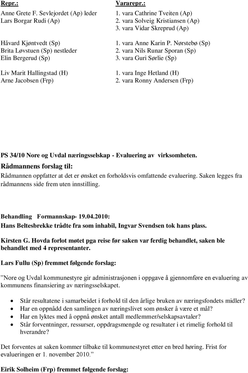 vara Inge Hetland (H) 2. vara Ronny Andersen (Frp) PS 34/10 Nore og Uvdal næringsselskap - Evaluering av virksomheten.