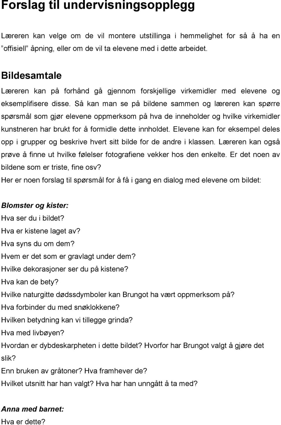 Så kan man se på bildene sammen og læreren kan spørre spørsmål som gjør elevene oppmerksom på hva de inneholder og hvilke virkemidler kunstneren har brukt for å formidle dette innholdet.