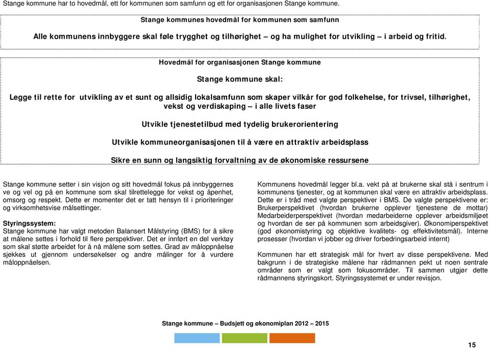 Hovedmål for organisasjonen Stange kommune Stange kommune skal: Legge til rette for utvikling av et sunt og allsidig lokalsamfunn som skaper vilkår for god folkehelse, for trivsel, tilhørighet, vekst