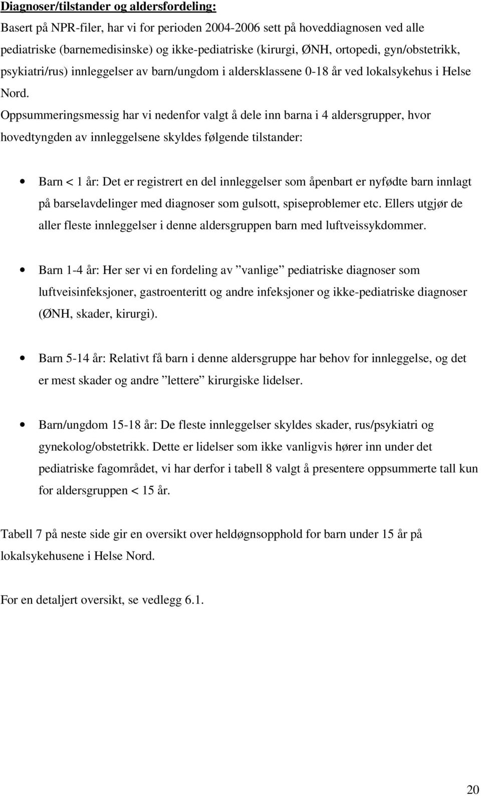 Oppsummeringsmessig har vi nedenfor valgt å dele inn barna i 4 aldersgrupper, hvor hovedtyngden av innleggelsene skyldes følgende tilstander: Barn < 1 år: Det er registrert en del innleggelser som