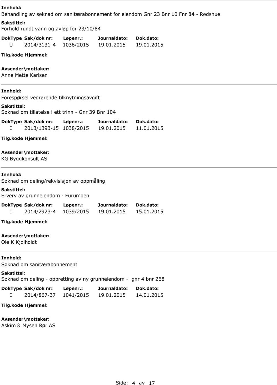 /1393-15 1038/2015 11.01.2015 KG Byggkonsult AS nnhold: Søknad om deling/rekvisisjon av oppmåling Erverv av grunneiendom - Furumoen 2014/2923-4 1039/2015 15.