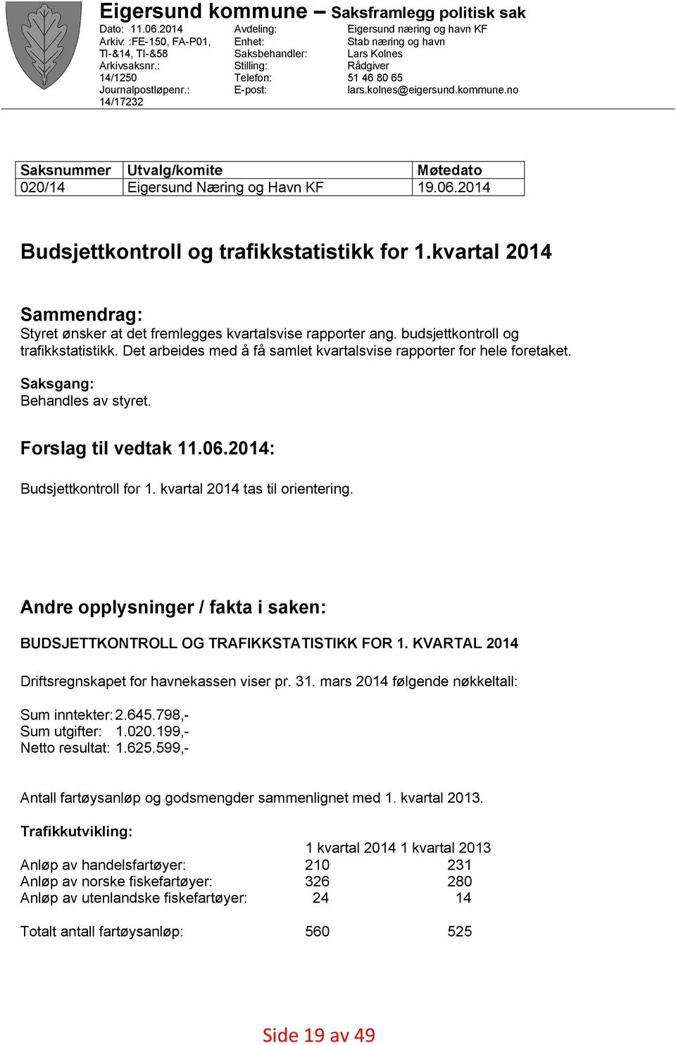 no Utvalg/komite Eigersund Næring og Havn KF Møtedato 19.06.2014 Budsjettkontroll og trafikkstatistikk for 1.kvartal 2014 Sammendrag: Styret ønsker at det fremlegges kvartalsvise rapporter ang.