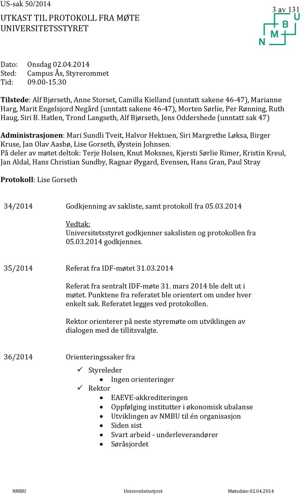 Hatlen, Trond Langseth, Alf Bjørseth, Jens Oddershede (unntatt sak 47) Administrasjonen: Mari Sundli Tveit, Halvor Hektoen, Siri Margrethe Løksa, Birger Kruse, Jan Olav Aasbø, Lise Gorseth, Øystein