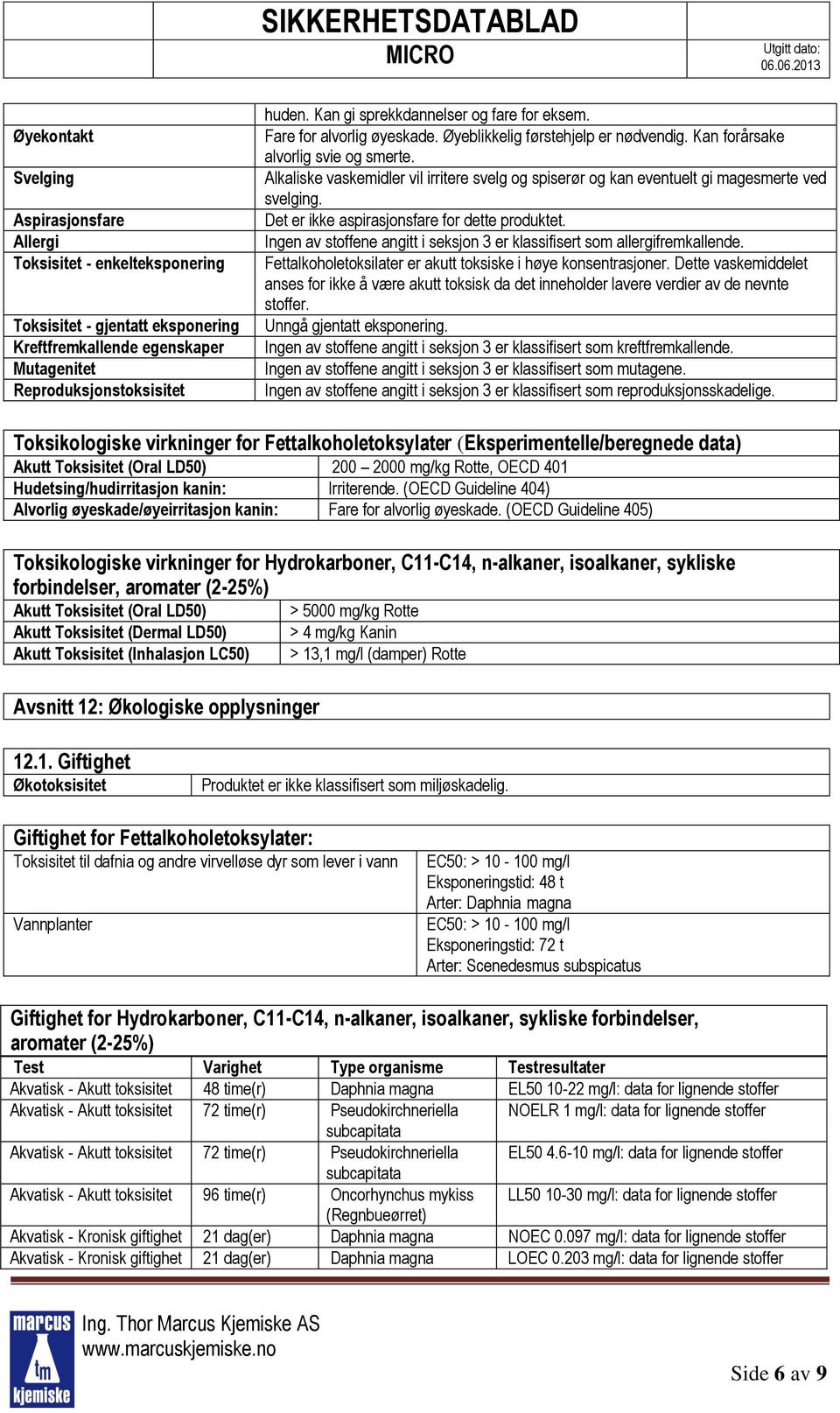 Alkaliske vaskemidler vil irritere svelg og spiserør og kan eventuelt gi magesmerte ved svelging. Det er ikke aspirasjonsfare for dette produktet.