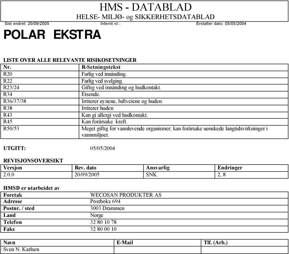 R50/53 Meget giftig for vannlevende organismer; kan forårsake uønskede langtidsvirkninger i vannmiljøet. UTGITT: 05/05/2004 REVISJONSOVERSIKT Versjon Rev.