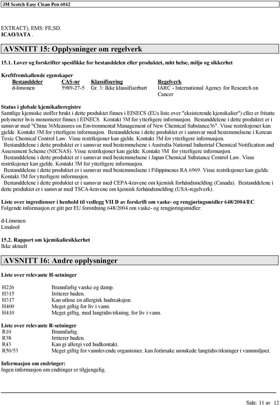 .1. Lover og forskrifter spesifikke for bestanddelen eller produktet, mht helse, miljø og sikkerhet Kreftfremkallende egenskaper Bestanddeler CAS-nr Klassifisering Regelverk d-limonen 5989-27-5 Gr.