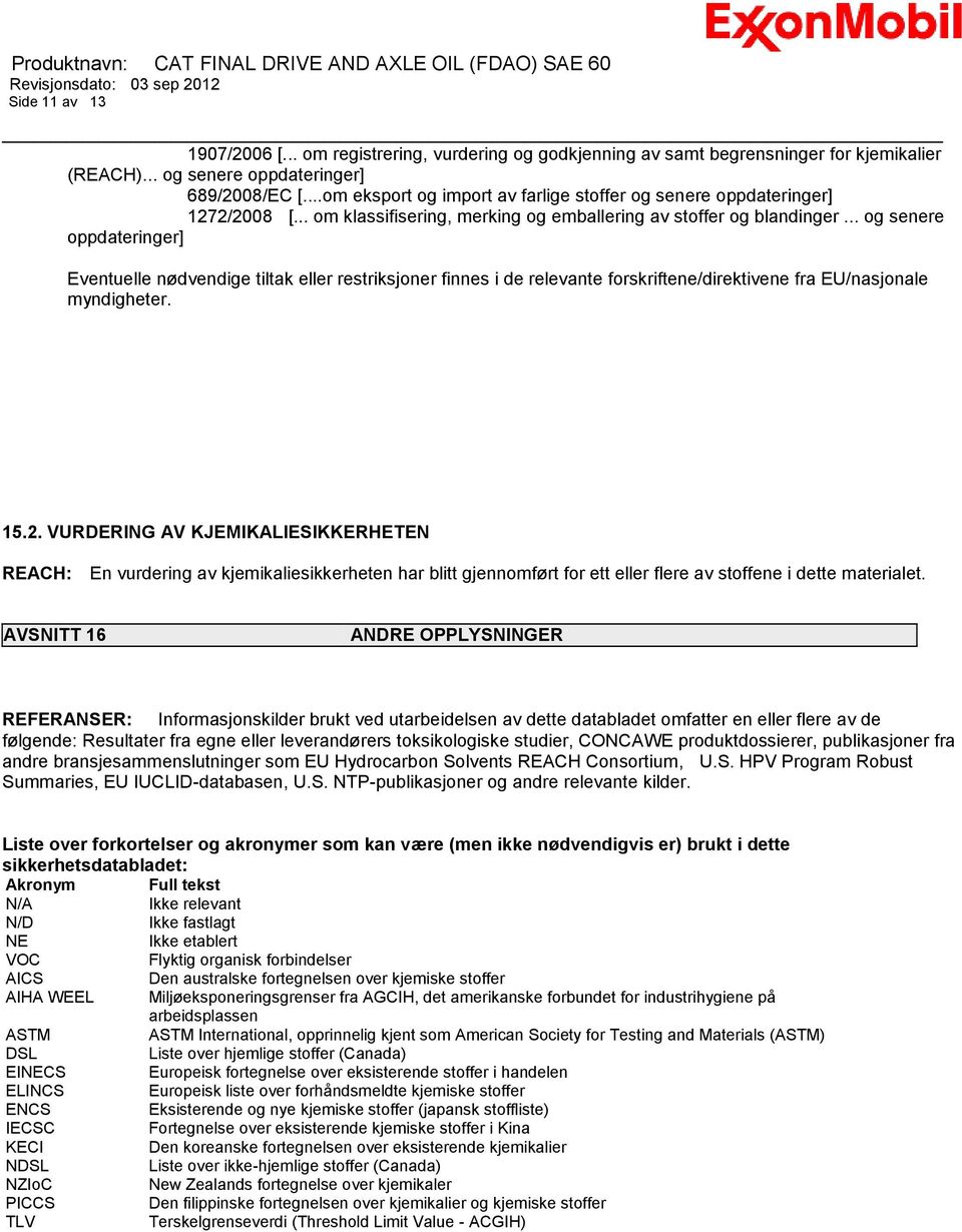 .. og senere oppdateringer] Eventuelle nødvendige tiltak eller restriksjoner finnes i de relevante forskriftene/direktivene fra EU/nasjonale myndigheter. 15.2.