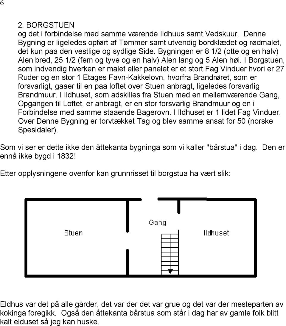 I Borgstuen, som indvendig hverken er malet eller panelet er et stort Fag Vinduer hvori er 27 Ruder og en stor 1 Etages Favn-Kakkelovn, hvorfra Brandrøret, som er forsvarligt, gaaer til en paa loftet