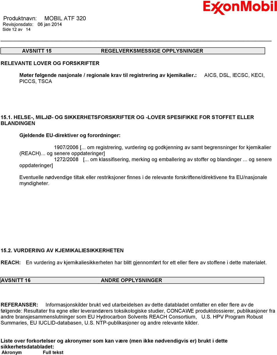 .. om registrering, vurdering og godkjenning av samt begrensninger for kjemikalier (REACH)... og senere oppdateringer] 1272/2008 [... om klassifisering, merking og emballering av stoffer og blandinger.