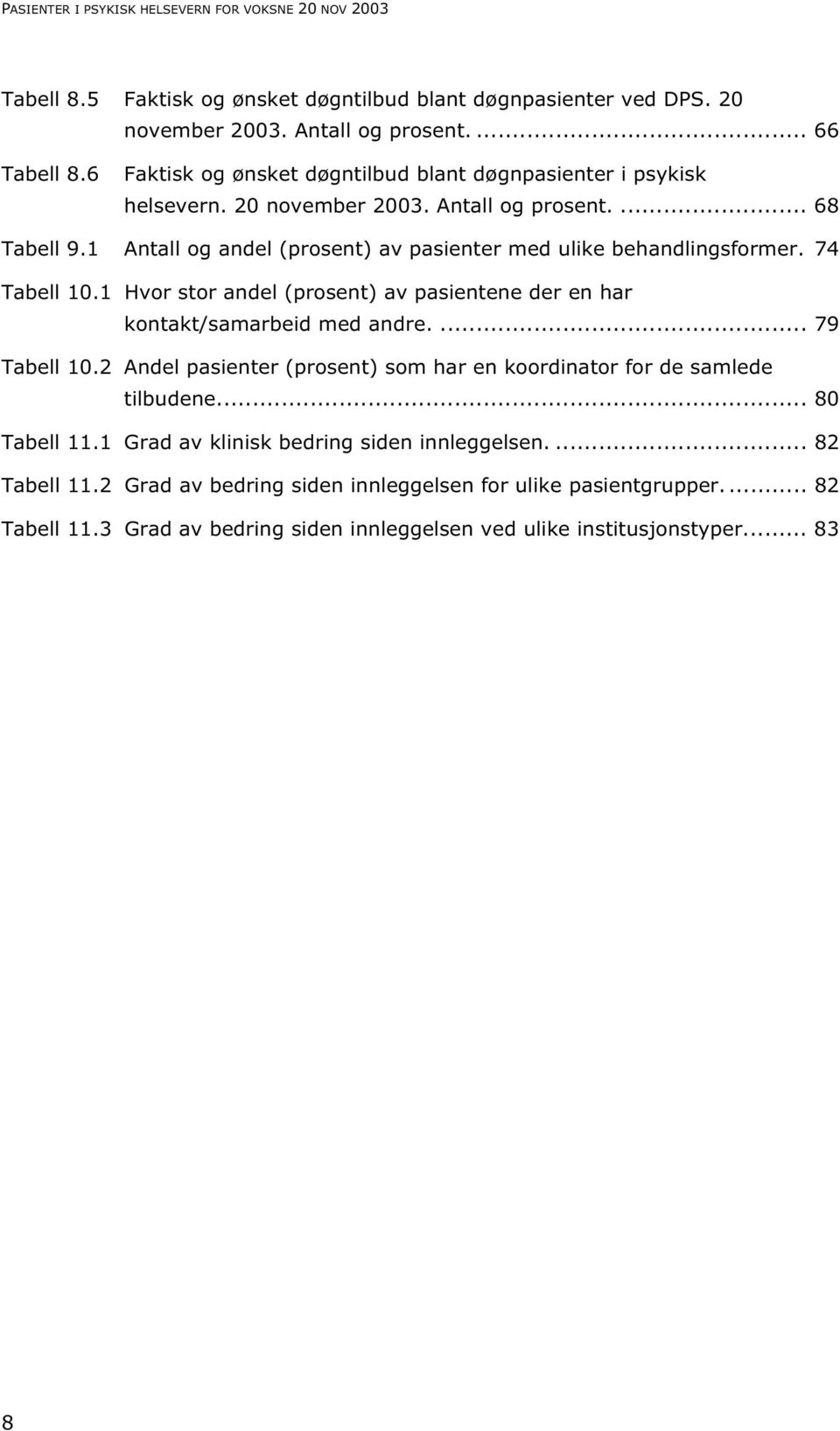 74 Tabell 10.1 Hvor stor andel (prosent) av pasientene der en har kontakt/samarbeid med andre.... 79 Tabell 10.2 Andel pasienter (prosent) som har en koordinator for de samlede tilbudene.