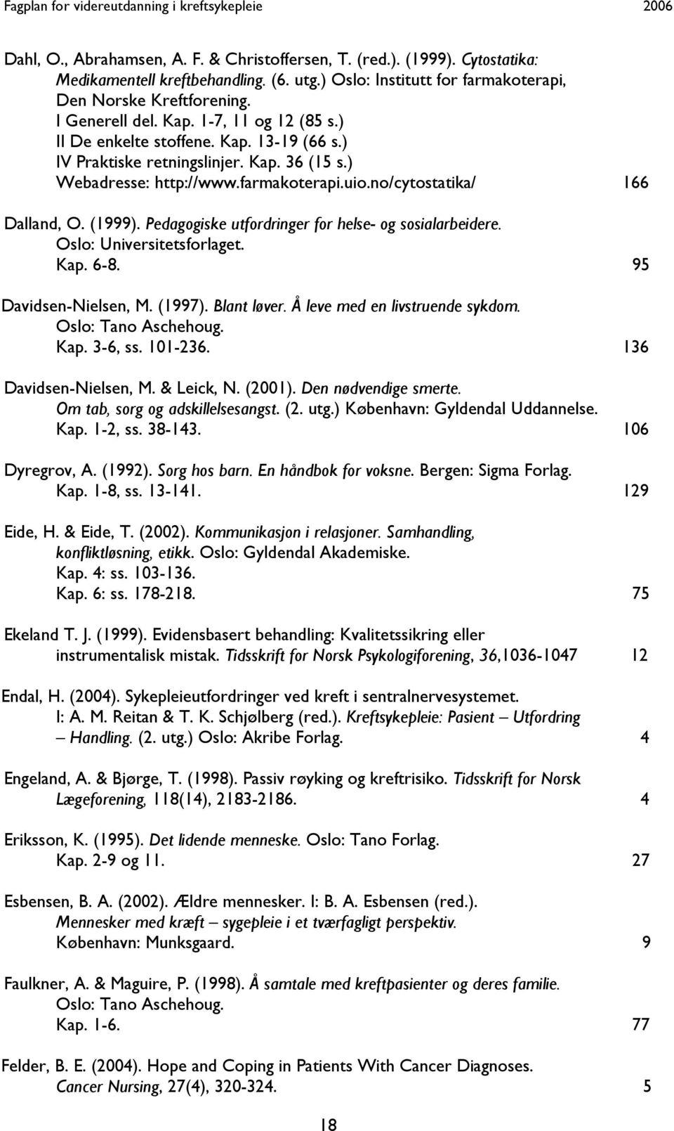 Pedagogiske utfordringer for helse- og sosialarbeidere. Oslo: Universitetsforlaget. Kap. 6-8. 95 Davidsen-Nielsen, M. (1997). Blant løver. Å leve med en livstruende sykdom. Oslo: Tano Aschehoug. Kap. 3-6, ss.