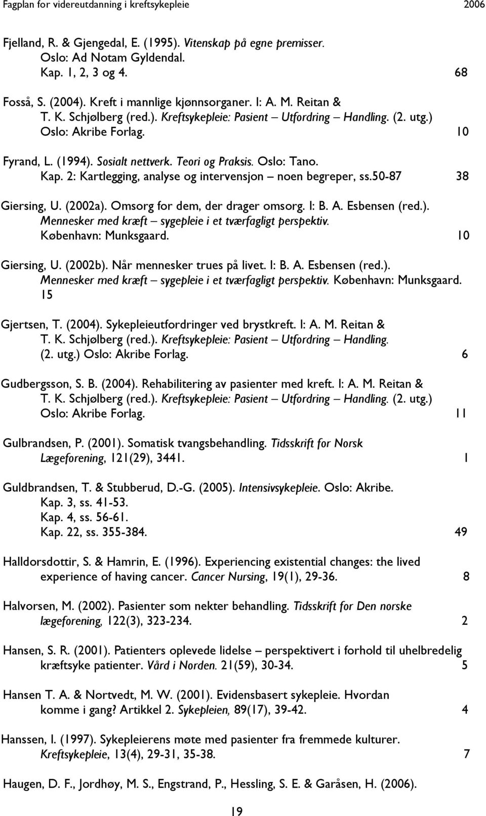 2: Kartlegging, analyse og intervensjon noen begreper, ss.50-87 38 Giersing, U. (2002a). Omsorg for dem, der drager omsorg. I: B. A. Esbensen (red.). Mennesker med kræft sygepleie i et tværfagligt perspektiv.