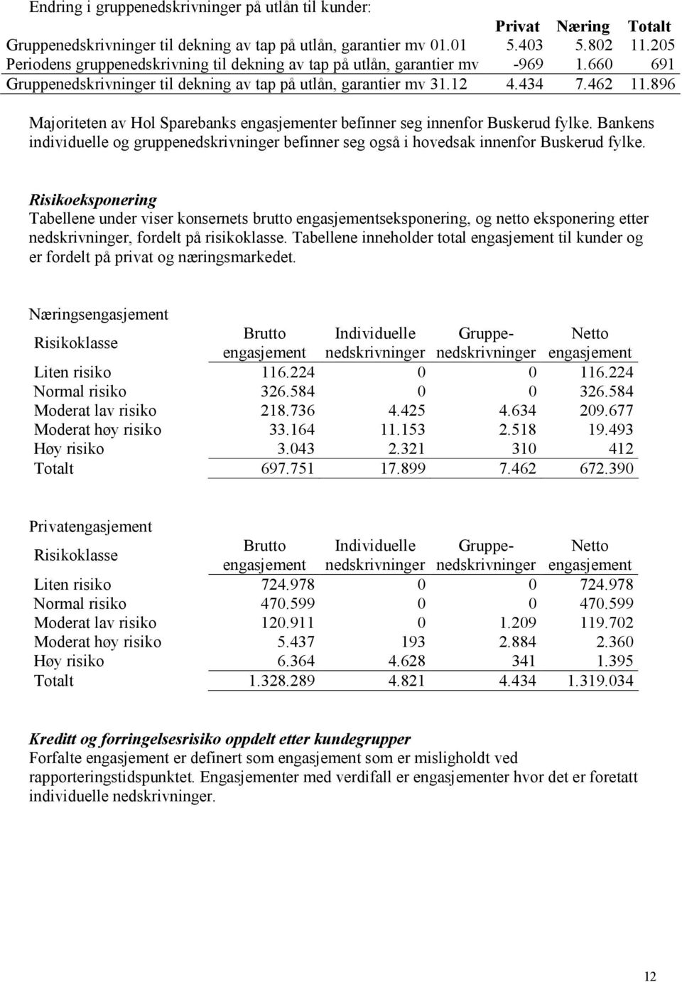 896 Majoriteten av Hol Sparebanks engasjementer befinner seg innenfor Buskerud fylke. Bankens individuelle og gruppenedskrivninger befinner seg også i hovedsak innenfor Buskerud fylke.