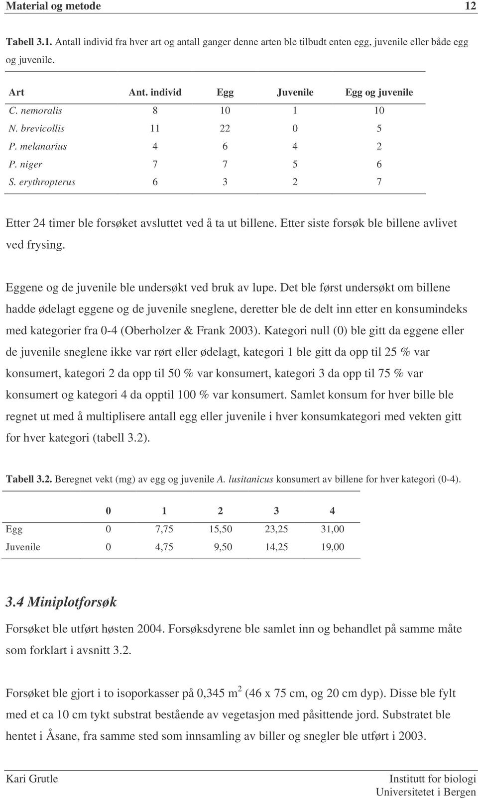 Etter siste forsøk ble billene avlivet ved frysing. Eggene og de juvenile ble undersøkt ved bruk av lupe.