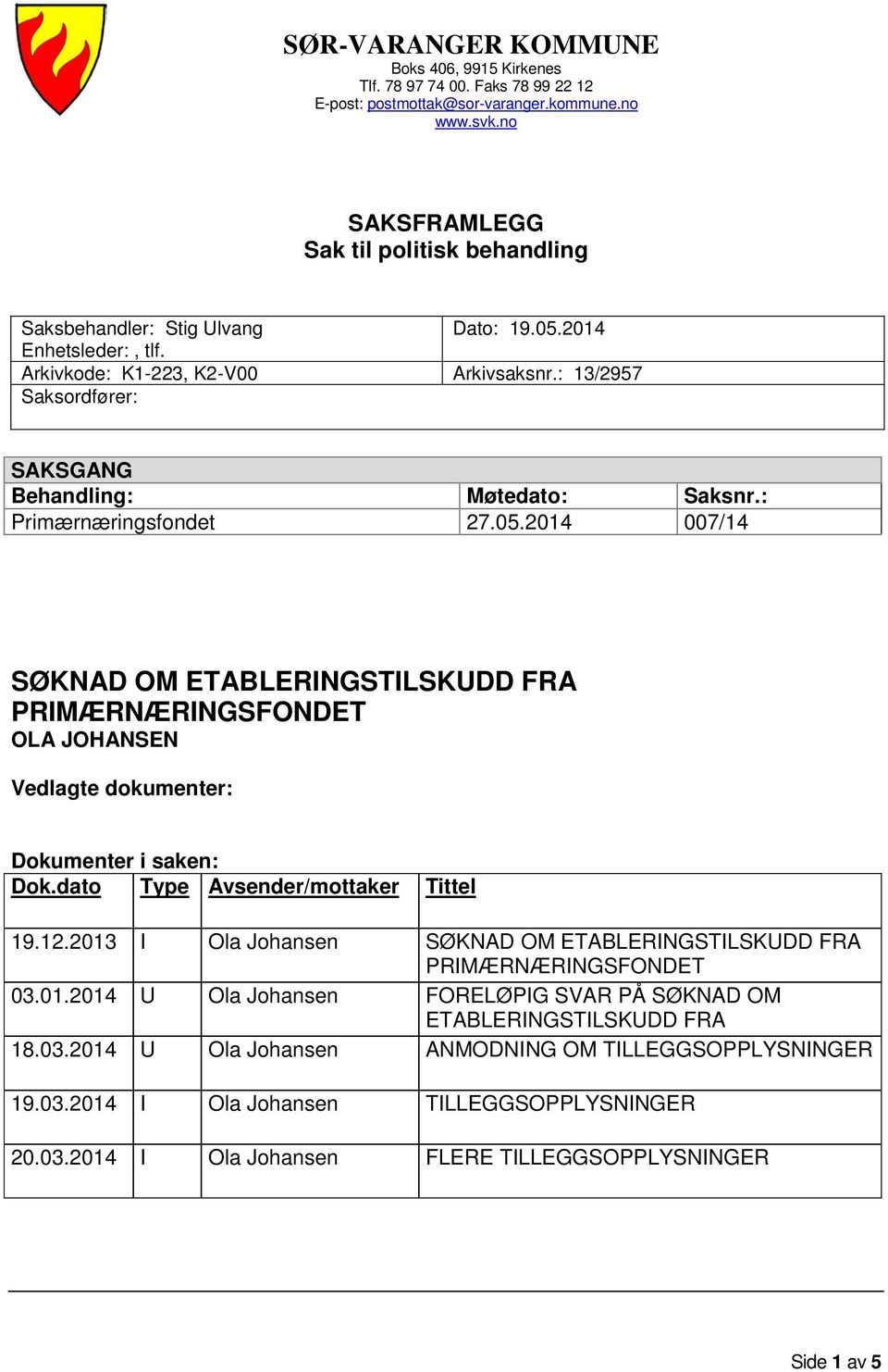 : 13/2957 Saksordfører: SAKSGANG Behandling: Møtedato: Saksnr.: Primærnæringsfondet 27.05.