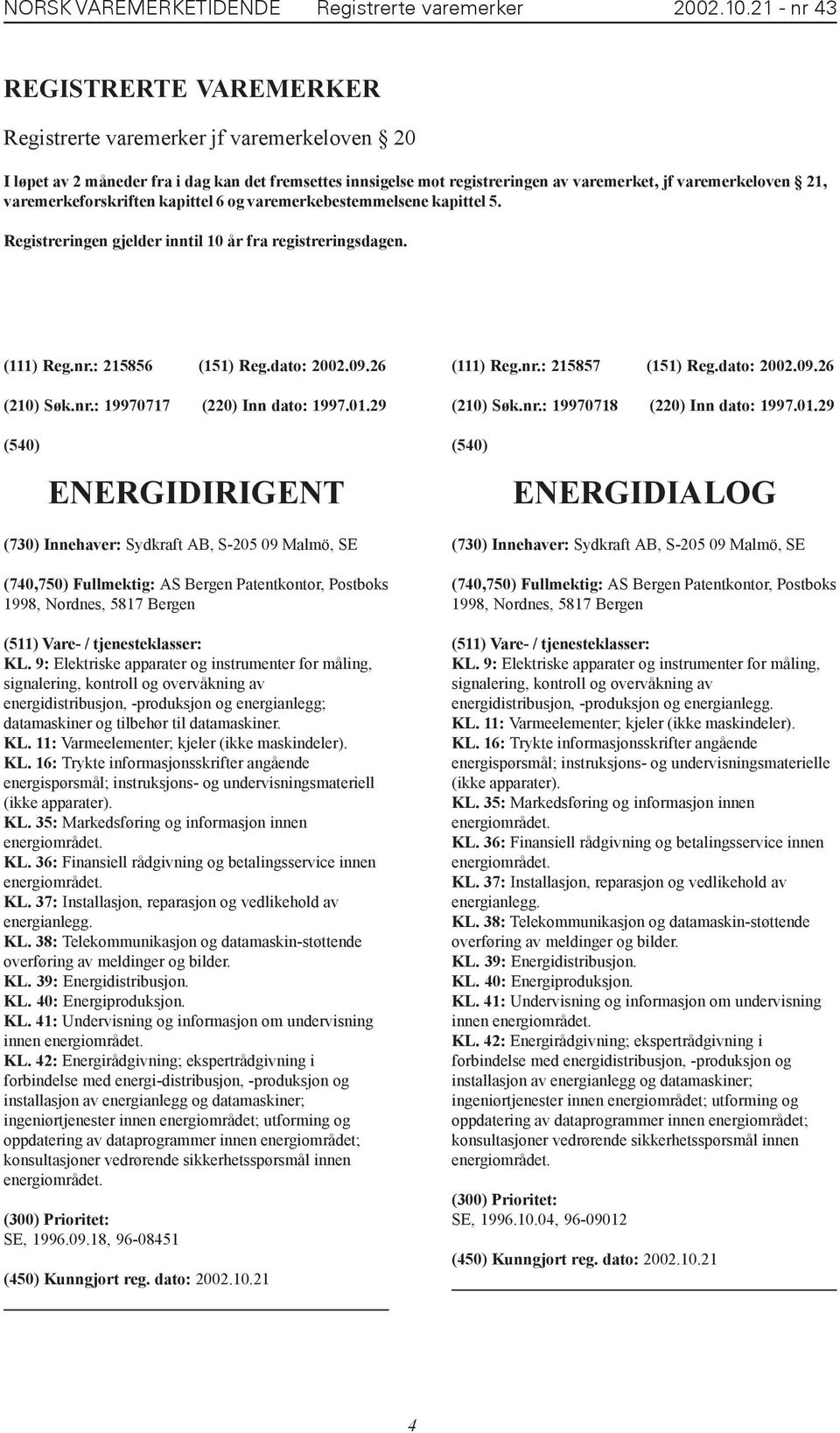 varemerkeforskriften kapittel 6 og varemerkebestemmelsene kapittel 5. Registreringen gjelder inntil 10 år fra registreringsdagen. (111) Reg.nr.: 215856 (151) Reg.dato: 2002.09.26 (210) Søk.nr.: 19970717 (220) Inn dato: 1997.