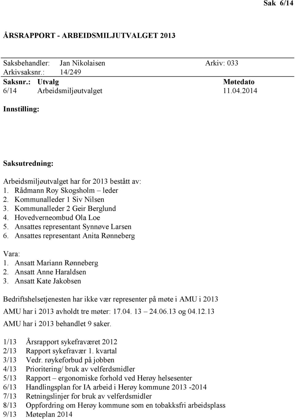 Hovedverneombud Ola Loe 5. Ansattes representant Synnøve Larsen 6. Ansattes representant Anita Rønneberg Vara: 1. Ansatt Mariann Rønneberg 2. Ansatt Anne Haraldsen 3.