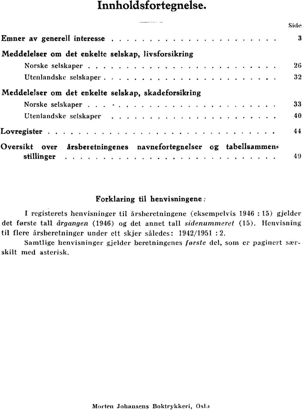 til henvisningene : I registerets henvisninger til årsberetningene (eksempelvis 1946 : 15) gjelder det forste tall cirgangen (1946) og det annet tall sidenummeret (15) Henvisning