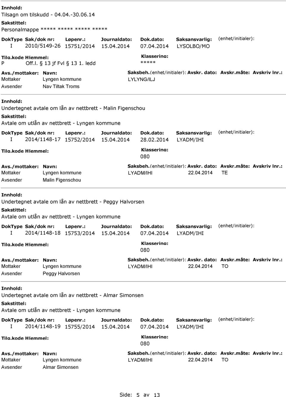 /mottaker: Navn: Saksbeh. Avskr. dato: Avskr.måte: Avskriv lnr.: LYADM/H 22.04.