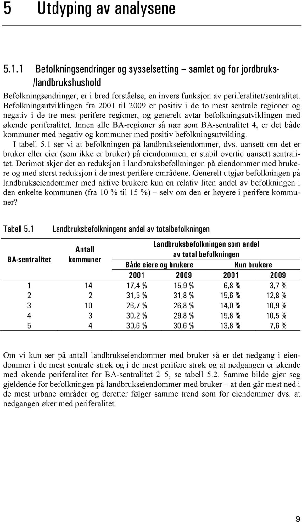 Befolkningsutviklingen fra 2001 til 2009 er positiv i de to mest sentrale regioner og negativ i de tre mest perifere regioner, og generelt avtar befolkningsutviklingen med økende periferalitet.