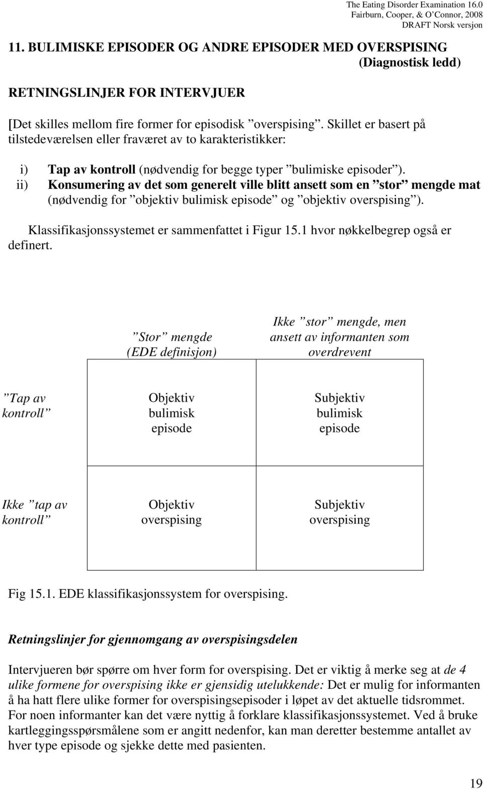 ii) Konsumering av det som generelt ville blitt ansett som en stor mengde mat (nødvendig for objektiv bulimisk episode og objektiv overspising ). Klassifikasjonssystemet er sammenfattet i Figur 15.