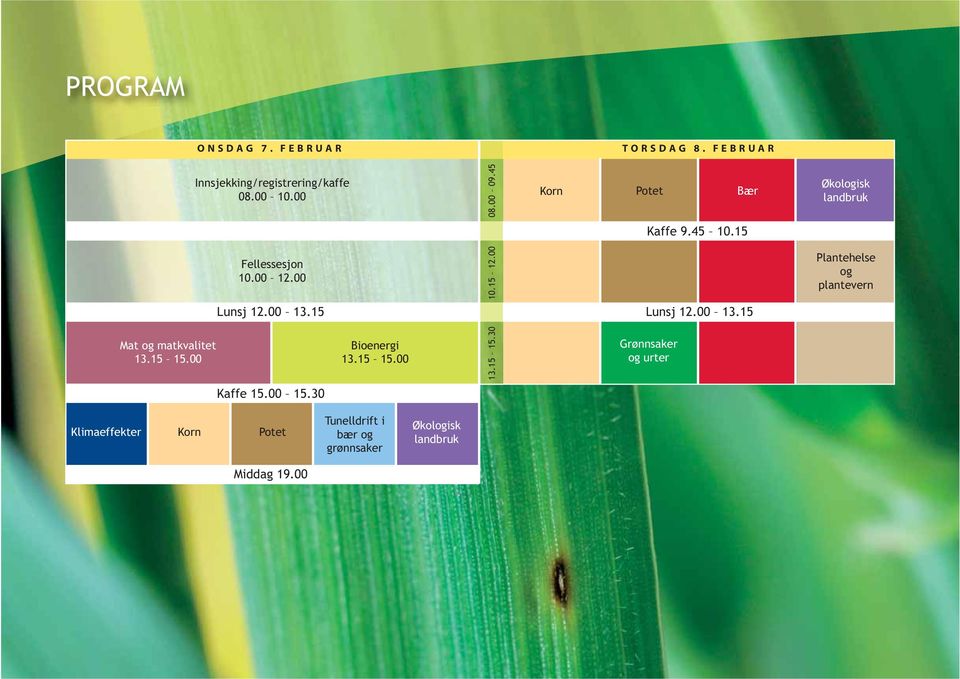 15 Lunsj 12.00 13.15 Plantehelse og plantevern Mat og matkvalitet 13.15 15.00 Bioenergi 13.15 15.00 13.15 15.30 Grønnsaker og urter Kaffe 15.