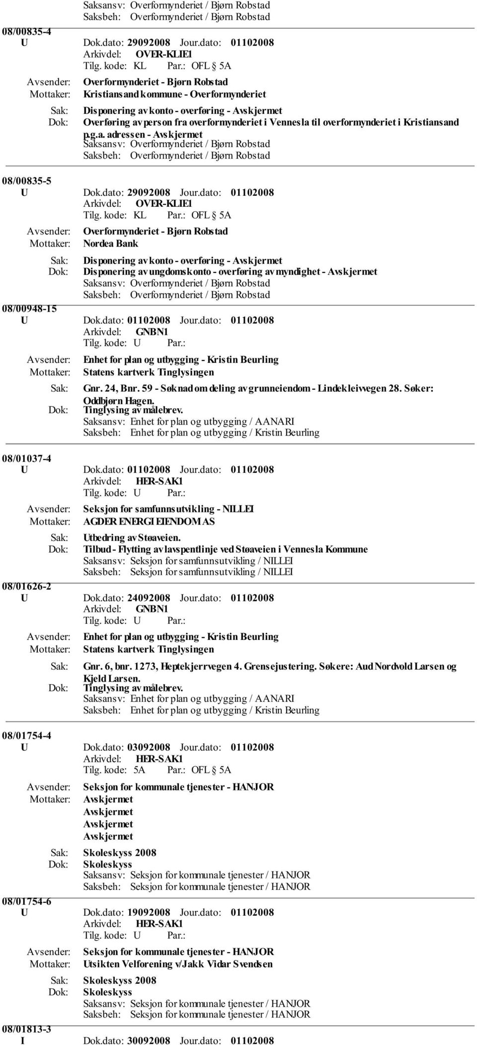 i Kristiansand p.g.a. adressen - Avskjermet 08/00835-5 U Dok.dato: 29092008 Jour.