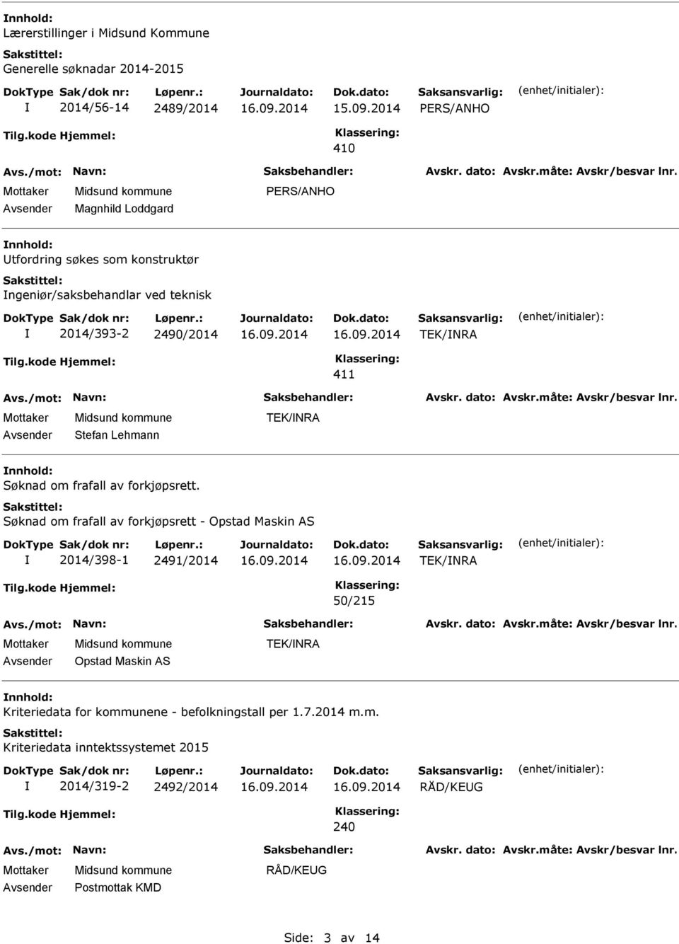 Søknad om frafall av forkjøpsrett - Opstad Maskin AS 2014/398-1 2491/2014 TEK/NRA 50/215 Opstad Maskin AS TEK/NRA Kriteriedata for